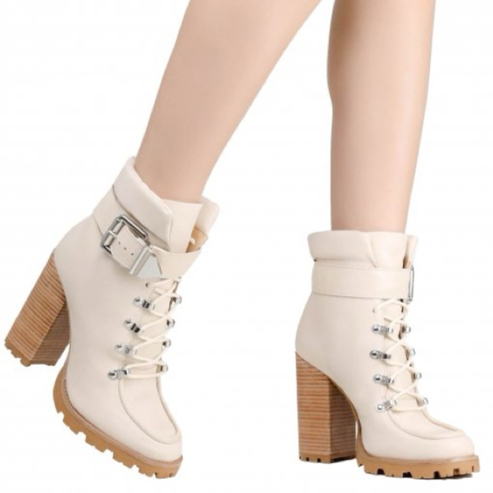 Women's Cream Ankle Boots with Buckle Detail
